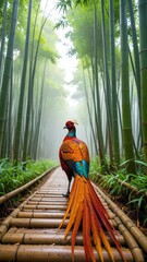 Colorful Bird in Bamboo Forest Pathway Under Soft Fog Light