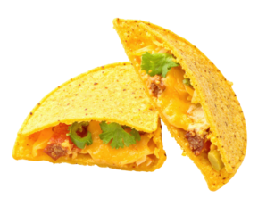 Two halves of a golden, crispy, cheesy quesadilla