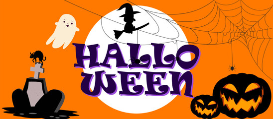 Halloween illustration with flying witch, ghost, pumpkins, tombstone, spider, and crow against an orange moon background