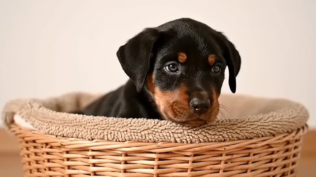 A cute rottweiler puppy looking slightly sad as it rests in a cozy wicker basket, with soft lighting