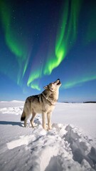 Wolf howls under the vibrant aurora borealis in serene winter landscape