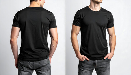 Blank black t-shirt mockup on a muscular male model shown from the front and back. Clean, modern clothing template for apparel design