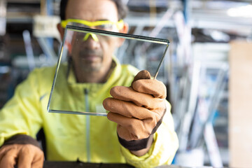 A glazier stands wearing gloves holding thick glass in a glass factory.