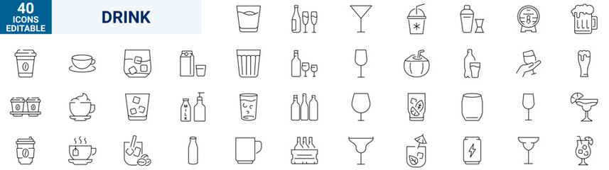 Drinks web icons in line style. Coffee, tea, soda, beer, alcohol, coctail, energy, wine, collection. Vector illustration