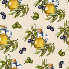 Hand drawn watercolor seamless pattern with olive oil bottles, green and black olives, and branches. Olive branches, leaves and fruits. For menu, packaging design, wedding