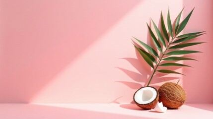 A tropical arrangement featuring halved coconut and whole coconut beside a palm frond against a soft pink background, bathed in sunlight.