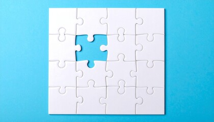 White jigsaw puzzle with one missing piece revealing vibrant mountain landscape, symbolizing discovery and hidden beauty.