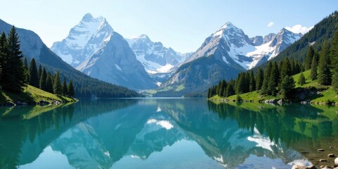 Serene mountain lake reflecting snow-capped peaks and lush evergreen forests
