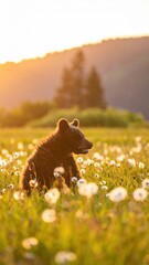 Young Bear in Flower Field during Sunset with Scenic Background
