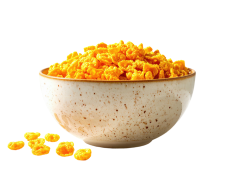Crispy, golden-yellow cereal in a speckled bowl