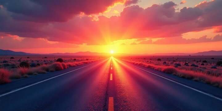 A vibrant sunset casts a fiery glow upon a seemingly endless highway stretching towards the horizon, promising adventure and a journey into the unknown.