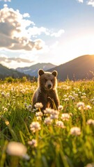 Young Bear Surrounded by Wildflowers Against Stunning Sunset Backdrop
