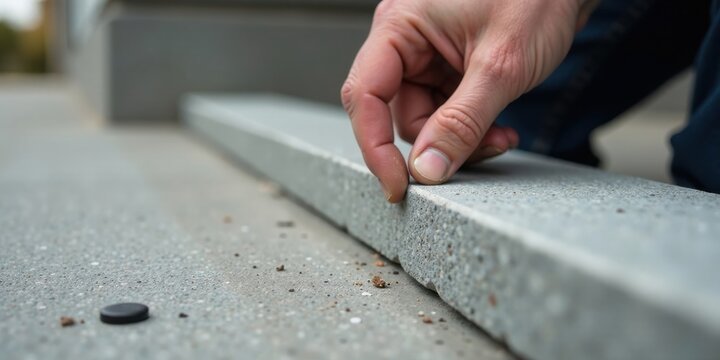 Close-up of a hand carefully inspecting a precast concrete step component for structural integrity and surface quality during a construction or renovation project