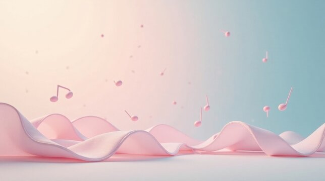 Pink fabric waves with floating musical notes in a dreamy pastel scene