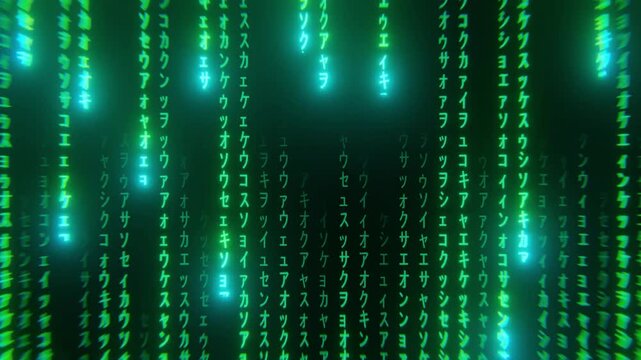 Green binary code streaming down and rotate. Row digital number matrix background. Concept of Technology, Hacker computer,  Algorithm, Programmer,