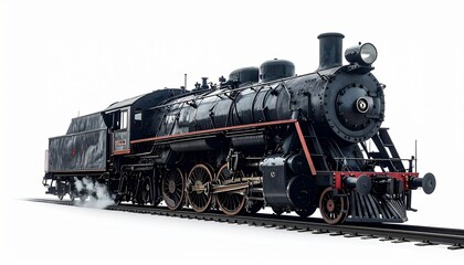 Fototapeta premium Vintage steam locomotive—mechanical grandeur and timeless motion on iron rails white background
