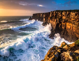 Dramatic coastal sunset with powerful waves crashing against cliffs (1)
