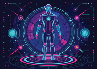 Futuristic holographic human body scan with glowing neon lines and scientific data visualization