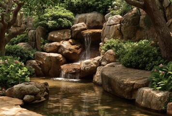 Waterfall cascading over rocks in a tranquil garden