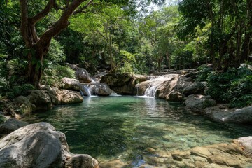 Tranquil waterfall pool nestled in lush green forest