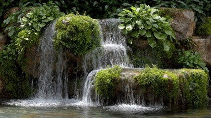 Cascading water feature nestled in lush greenery
