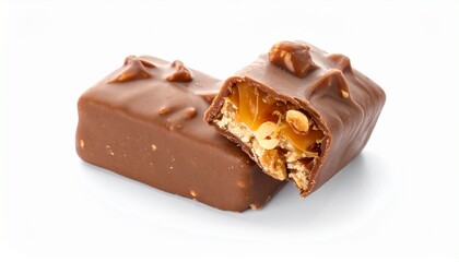 Broken chocolate bar—layers of caramel, nougat, and crunch in rich, indulgent detail white background