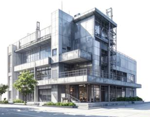 Modernistic concrete building with multiple levels and balconies, situated on a city street with landscaping