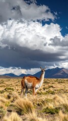 Majestic Guanaco Stands in Scenic Andean Landscape Under Dramatic Sky