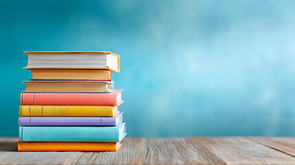 Stack of books on wooden table. Education, back to school, learning, and study concept with copy space.

