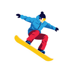 Fototapeta premium Snowboarder in Mid-Air: This vibrant and dynamic illustration features a snowboarder executing an impressive jump against an isolated backdrop, showcasing the thrill and energy of winter sports. 