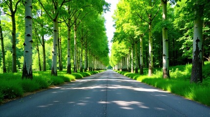 Obraz premium A sunlit asphalt road winds through a verdant canopy of trees, creating a picturesque natural pathway