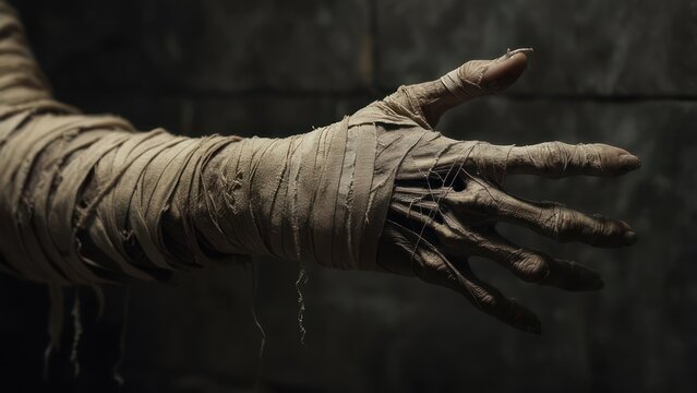 A mummy's hand reaching out from a dark space