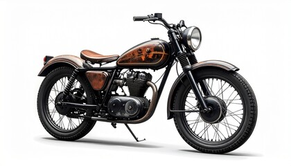 Vintage motorcycle on white background—chrome, leather, and timeless craftsmanship in motionless elegance.