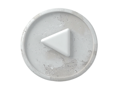 A textured, light gray circle button with a white play triangle icon