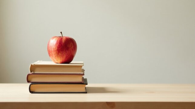 A red apple rests atop a stack of three books on a light wooden surface against a neutral background - Powered by Adobe
