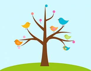 Colorful birds on a tree against a pastel sky