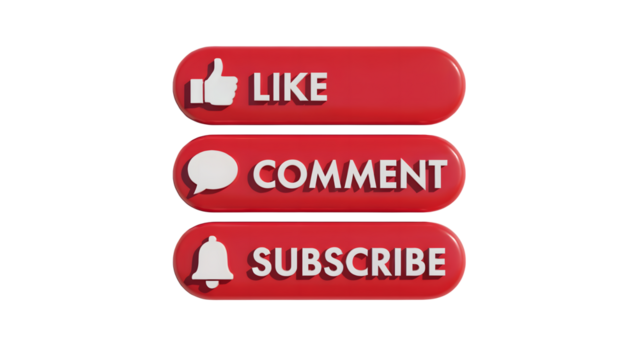 Red like comment and subscribe buttons stacked vertically on a plain black colored background