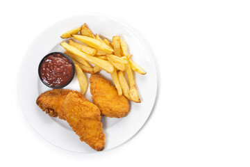 Crispy fried chicken tenders with french fries isolated on white background. Top view. Copy space