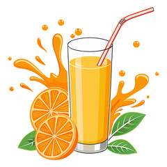 Fresh Orange Juice with Glass and Splash - Vector Illustration