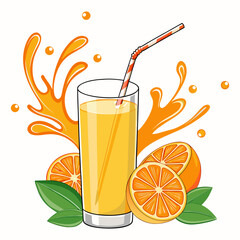 Fresh Orange Juice with Glass and Splash - Vector Illustration