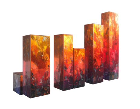 Abstract, stylized, 3D blocks in vibrant orange and red hues,  stacked, forming a rising pattern