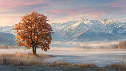 A solitary, vibrant autumn tree stands sentinel over a serene, frozen lake, framed by majestic snow-capped mountains bathed in a soft sunrise glow.