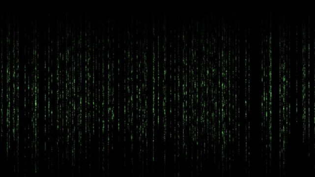 animated 4K video of a binary data text in green, scrolling against a black background. Ideal for a background intro for technology the future.