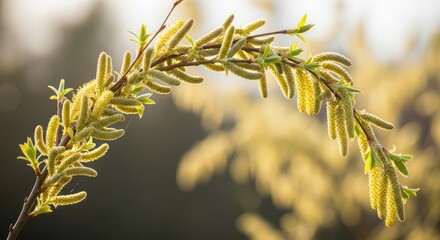 Delicate pussy willow branch in soft sunlight heralding the arrival of springtime season
