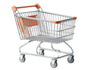 Empty shopping cart, light gray metal frame, with light orange handles and accents