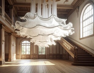 Grand hall with ornate wooden details and a large, flowing, light-catching chandelier