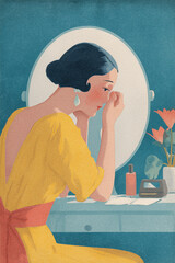 Sophisticated woman at vanity preparing emotional masks