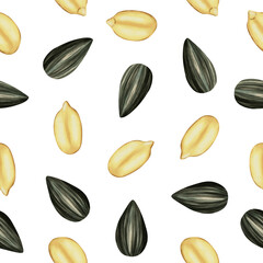 Seamless watercolor pattern with sunflower seeds and grains. Ideal for packaging, textiles, wrapping paper and healthy food design.