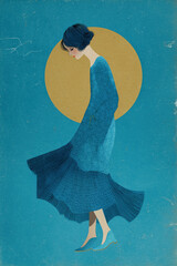 Woman in flowing blue fabric expressing graceful emotional movement
