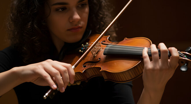 Concentrated female musician playing violin